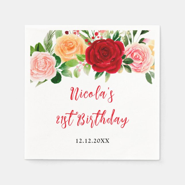 Romantic Roses Floral Birthday Pappersservett (Framsidan)