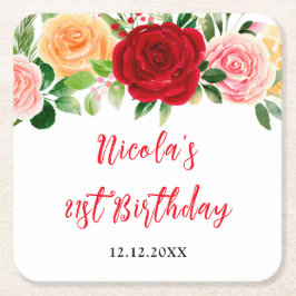 Romantic Roses Floral Birthday Underlägg Papper Kvadrat