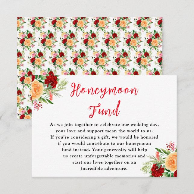 Romantic Roses Floral Wedding Honeymoon Fund Tilläggskort (Fram/baksida)