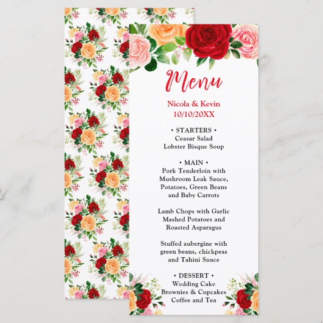 Romantic Roses FloralRomantic Red and Oran Wedding Meny (Fram/baksida)