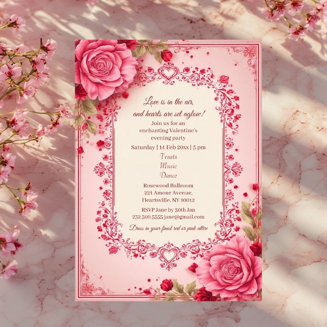 Romantic Roses Pink Heart Motifs Valentine Party  Inbjudningar (Romantic Roses Pink Heart Motifs Valentine Party Invitation)