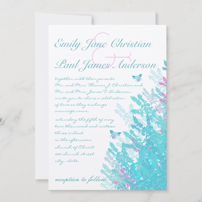 Romantic Rustic Aqau Rosa WildblommBee Inbjudningar (Framsida)