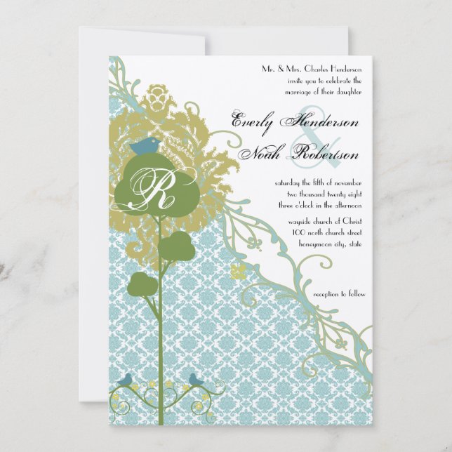 Romantic Rustic Birds Mint Damask Wedding Inbjudningar (Framsida)