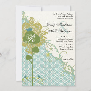Romantic Rustic Birds Mint Damask Wedding Inbjudningar