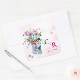 Romantic Rustic Blommigt Monogram Wildblomma Bröll Fyrkantigt Klistermärke