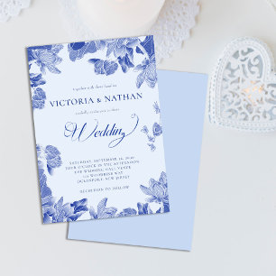 Romantic Rustic Blue Lotus Blommigt Bröllop Inbjudningar