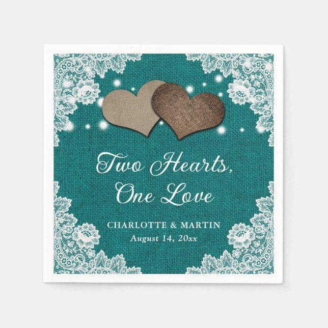 Romantic Rustic Burlap och Snöre Teal Bröllop Pappersservett (Framsidan)