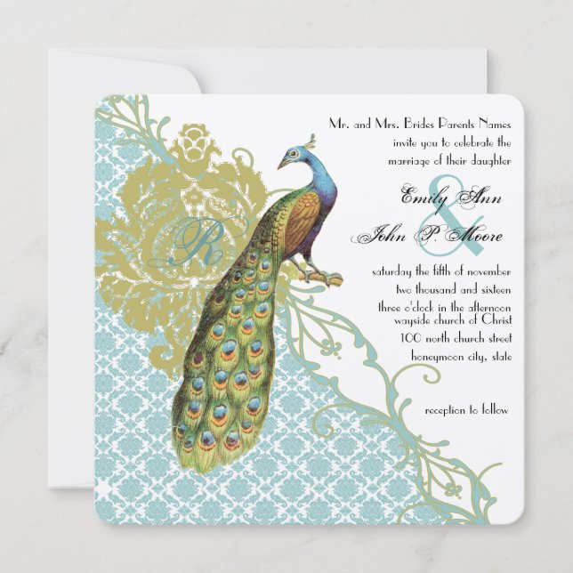 Romantic Rustic Mint Peacock Damask Wedding Inbjudningar (Framsida)