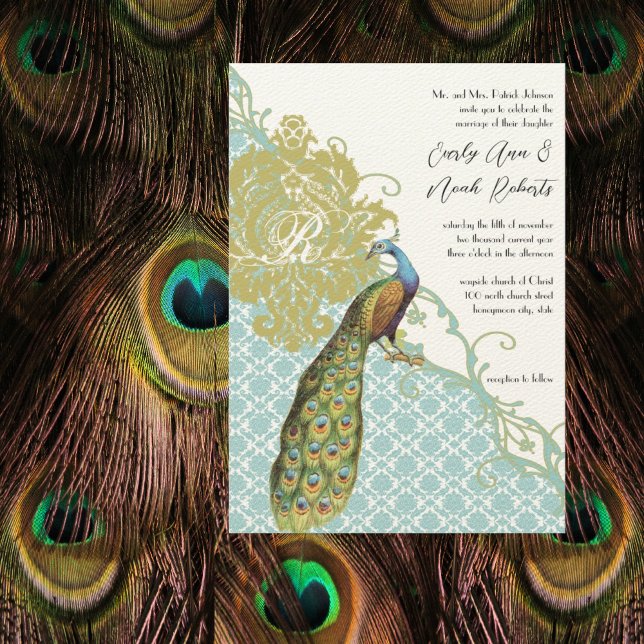 Romantic Rustic Mint Peacock Damask Wedding Inbjudningar (Skapare uppladdad)