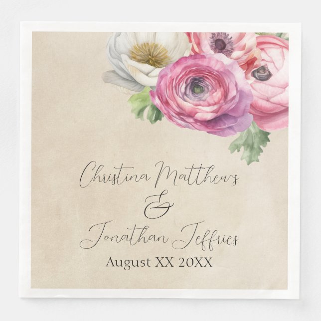 Romantic Rustic Rosa & White Ranunculus Pappersservett (Framsida)