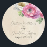 Romantic Rustic Rosa & White Ranunculus Runt Klistermärke<br><div class="desc">De här vintage stil, romantiska etiketter, har en strålande papper utformning med vattenfärgsvita och rosa ranunculus-blommor. En ömtålig blommigt av ranunculus och grey bildas på högerna grund. Proverna namn med ett nytt par och bröllop skrivs ut i den översta delen. Du kan anpassa klistermärken så att de innehåller egna namn...</div>