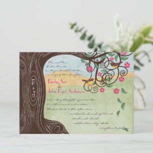 Romantic Rustic Träd Cherry Blommar Cute Lovebird Inbjudningar