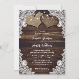 Romantic Rustic Wood Burlap och Snöre Bröllop Inbjudningar