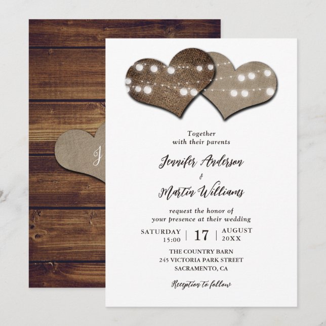 Romantic Rustic Wood Burlap String Ljus Bröllop Inbjudningar (Fram/baksida)