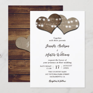 Romantic Rustic Wood Burlap String Ljus Bröllop Inbjudningar