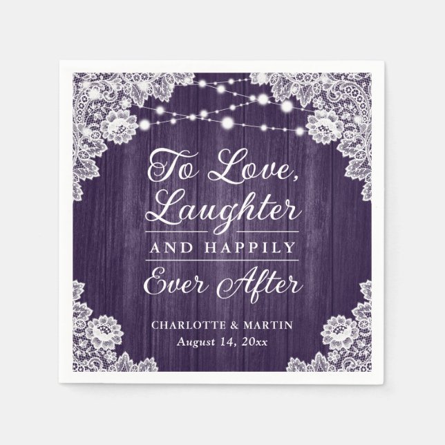 Romantic Rustic Wood Snöre Lila Bröllop Pappersservett (Framsidan)