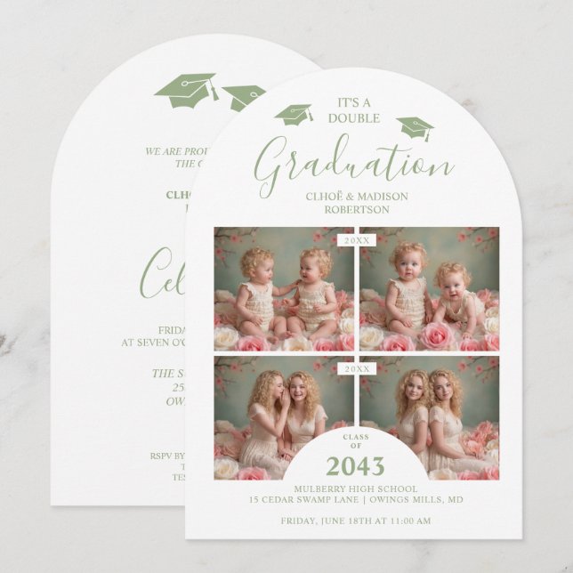 Romantic Sage 4-Photo Double Twins Grads TMF26 Inbjudningar (Fram/baksida)