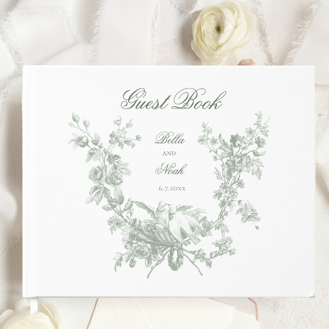 Romantic Sage Floral Wreath w/Lovebirds Wedding Gästböcker (Skapare uppladdad)
