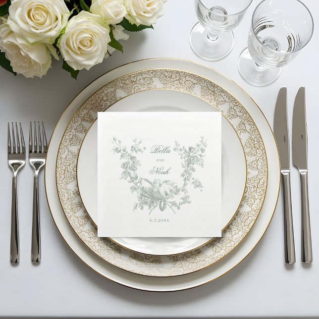 Romantic Sage Floral Wreath w/Lovebirds Wedding Pappersservett (Skapare uppladdad)