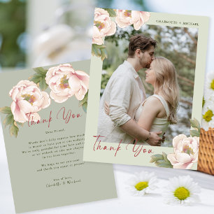 Romantic Sage & Peony Blommigt Photo Bröllop Tack Kort