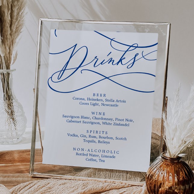 Romantic Sapphire Blue Calligraphy Drink Menu-teck Poster (Romantic Sapphire Blue Calligraphy Drink Menu Sign)