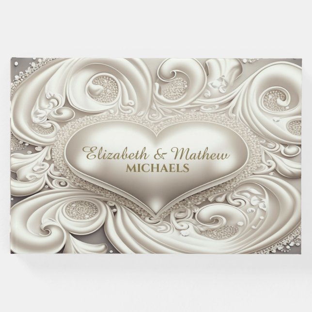 Romantic Satin Heart Ivory Färgad Guest Bok (Framsida)