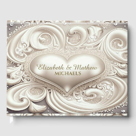 Romantic Satin Heart Ivory Färgad Guest Bok