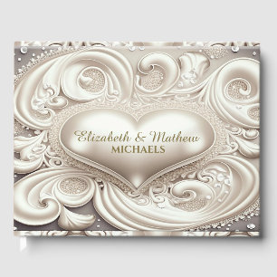 Romantic Satin Heart Ivory Färgad Guest Bok