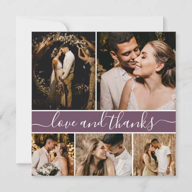 Romantic Script Mauve 5 Photo Collage Bröllop Tack Kort (Framsida)
