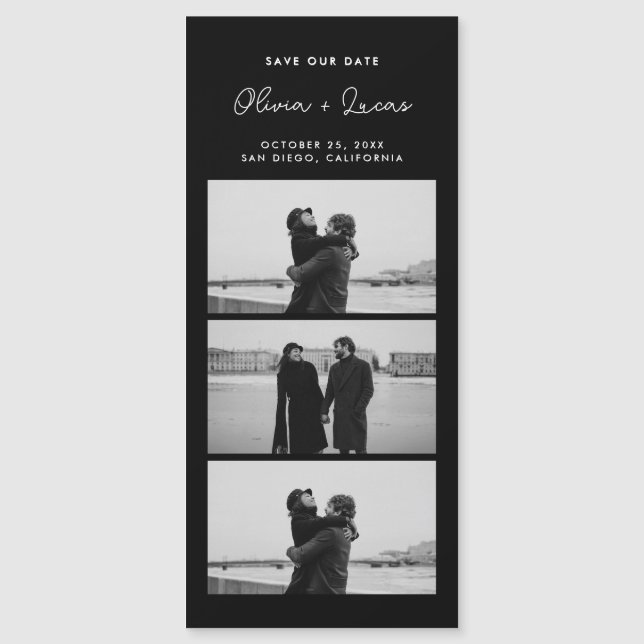Romantic Script Photo Strip Magnetic Black Wedding (Framsida)