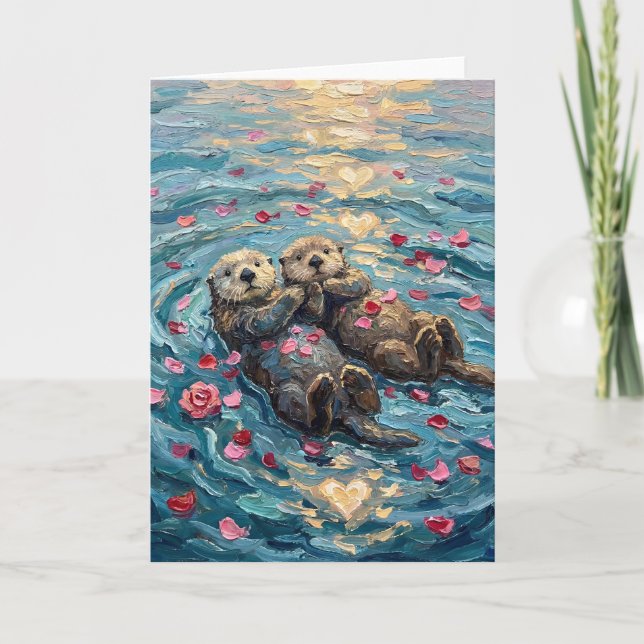 Romantic Sea Otters Holding Hands While Swimming Helgkort (Framsida)