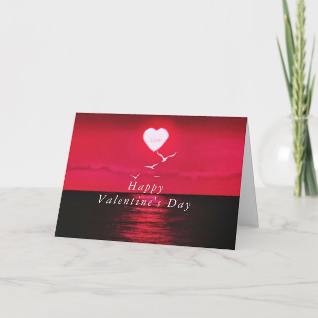 Romantic Sea Sunset Heart Valentine Day Card Kort (Framsida)