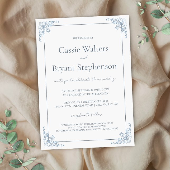 Romantic Shabby chic Blue och White Bröllop Inbjudningar (Elegant blue and white shabby chic french elegant romantic wedding invitations for bridgerton theme)