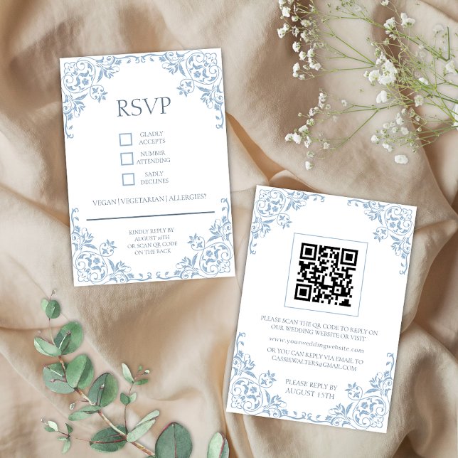Romantic Shabby chic Blue och White OSA kort (Romantic blue and white shabby coastal chic elegant qr code wedding rsvp cards for vintage classic)