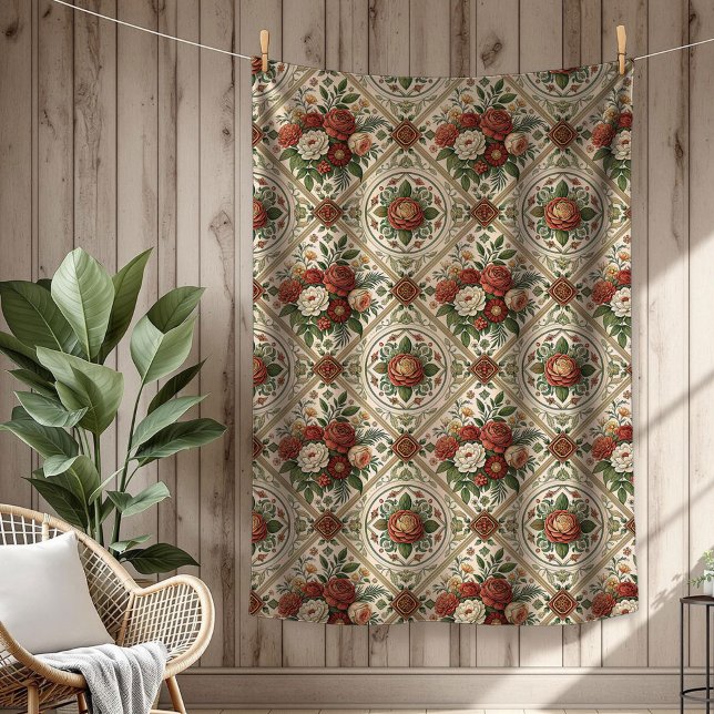 Romantic Shabby chic Throw Röd ros och Tiles Fleecefilt (Romantic Shabby Chic Throw Red Roses and Tiles Fleece Blanket)