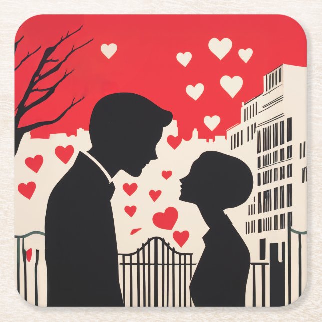Romantic Silhouette par Cityscape Hearts Underlägg Papper Kvadrat (Framsidan)