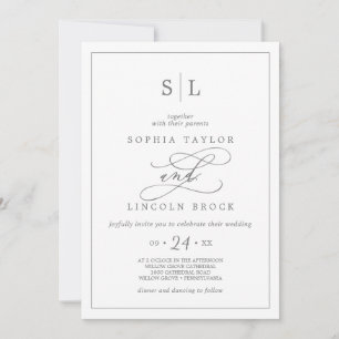 Romantic Silver Calligraphy Monogram Bröllop Inbjudningar