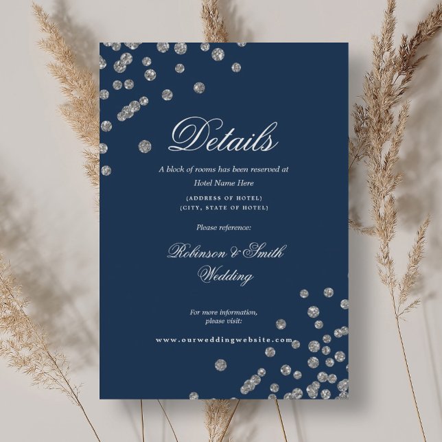 Romantic Silver Confetti Bröllop informationsflott Tilläggskort (Romantic Silver Confetti Wedding Details Navy Enclosure Card)