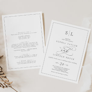Romantic Silver Monogram Dubbla Side Bröllop Inbjudningar
