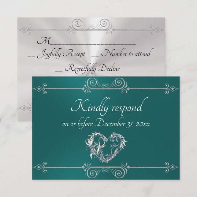 Romantic Silver Scroll Heart on Teal OSA Kort (Fram/baksida)