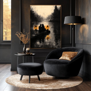 Romantic Sjö Sunset i Monokroma Stil Poster