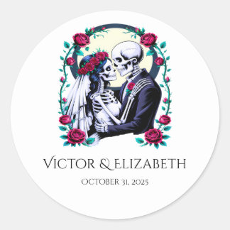 Romantic Skeleton Bride och Groom Bröllop Runt Klistermärke