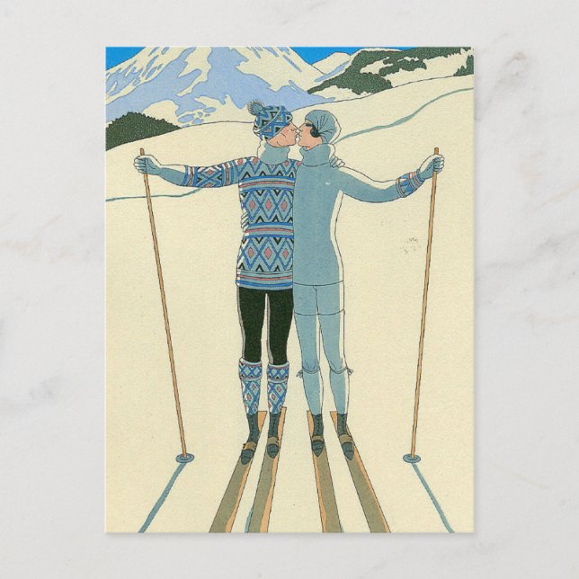 Romantic Skiers i Blue Vykort (Framsida)