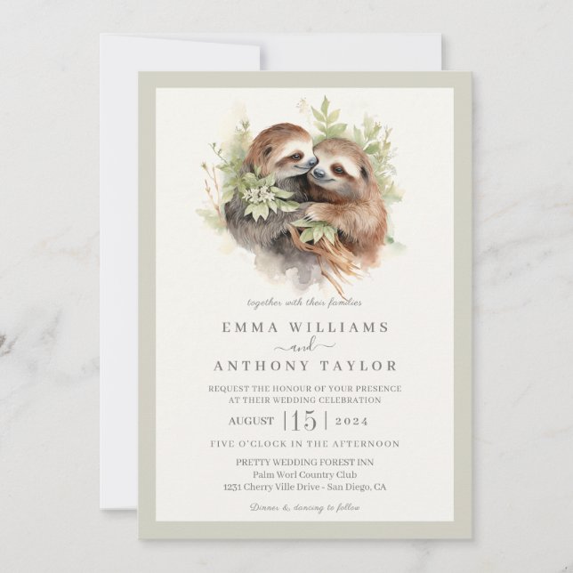 Romantic Sloth Couple Wedding bjudande Inbjudningar (Framsida)