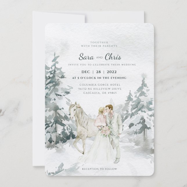 Romantic Snowy Winter Forest with Bride and Groom Inbjudningar (Framsida)