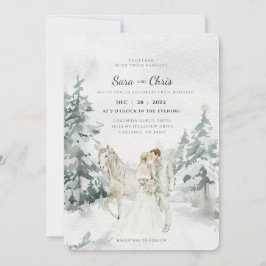 Romantic Snowy Winter Forest with Bride and Groom Inbjudningar