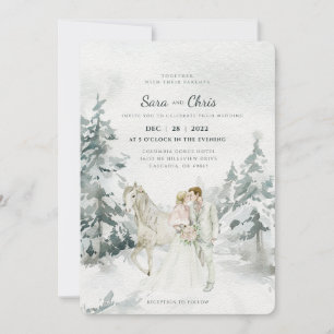 Romantic Snowy Winter Forest with Bride and Groom Inbjudningar