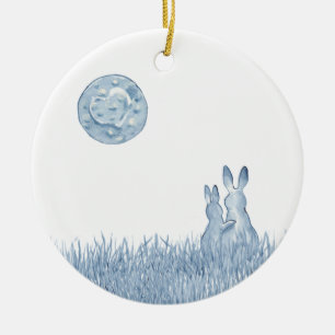Romantic Snuggle Bunny Kärlek Blue Måne personaliz Julgransprydnad Keramik