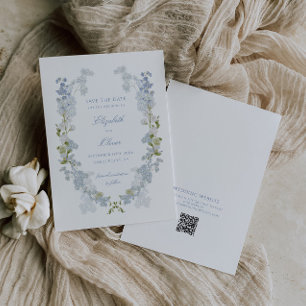 Romantic Soft Blue Vintage Blommigt Bröllop QR-kod Spara Datumet