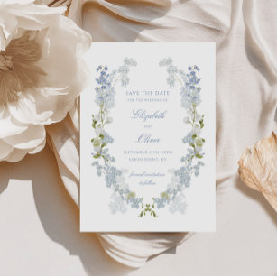 Romantic Soft Blue Vintage Blommigt Bröllop Spara Datumet